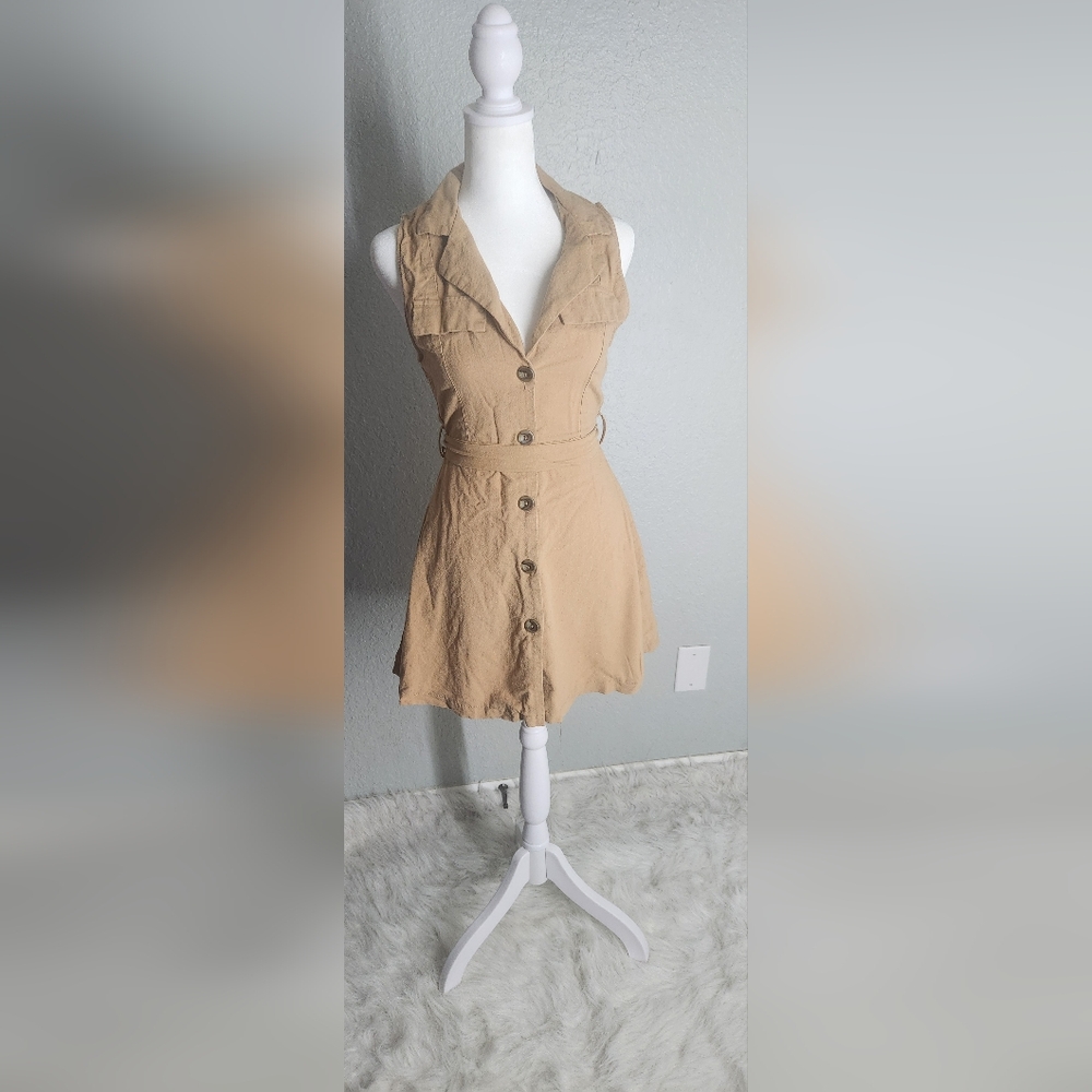 Fashion Nova Tan V-Neck Buttoned Mini Dress